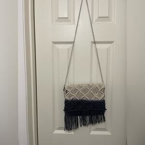 Venus Cream and Blue Bohemian Crochet Knit Fringe Chain Crossbody Handbag